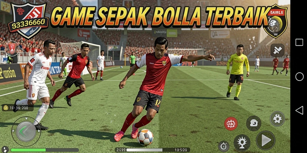 Screenshot utama menampilkan aksi seru dalam permainan sepak bola.