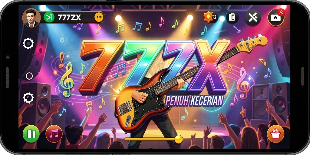 Screenshot permainan 777ZX yang menunjukkan gameplay musik yang seru.