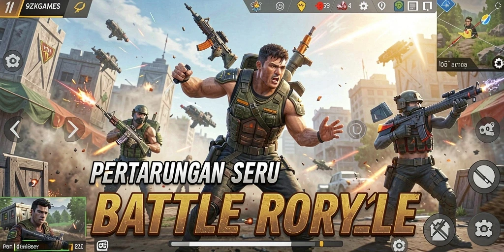 Tangkapan layar utama gameplay 9ZKGAMES dengan aksi Battle Royale intens.