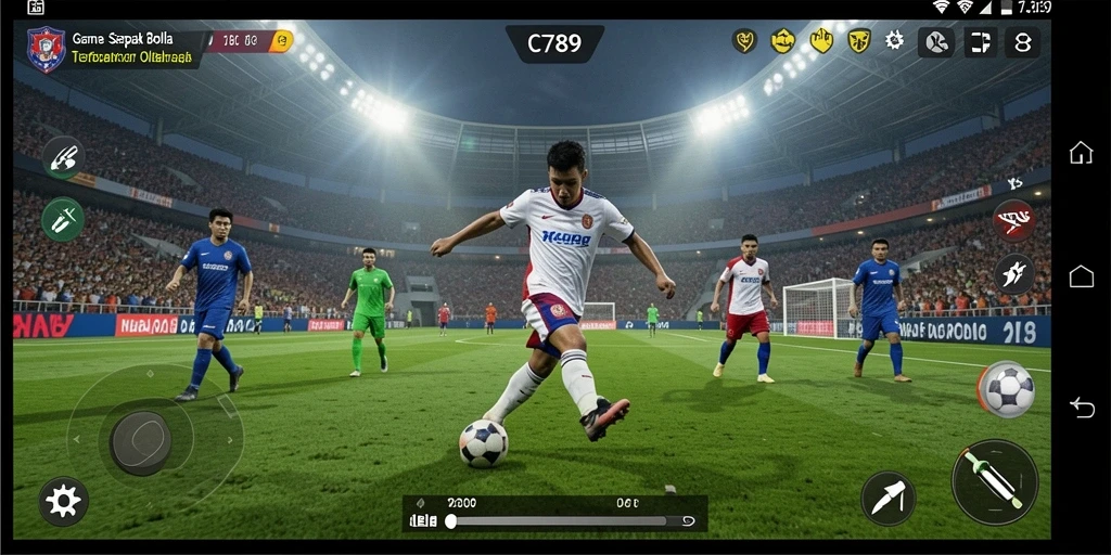 Screenshot gameplay C789 menunjukkan aksi seru di lapangan sepak bola.