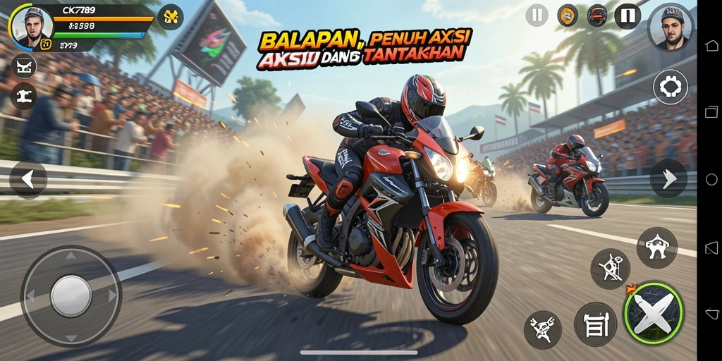 Tampilan gameplay menegangkan dari CK789 dalam balapan motor.
