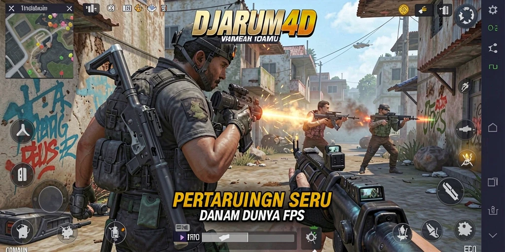 Tangkapan layar DJARUM4D menampilkan aksi intens di medan perang FPS.