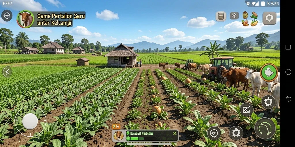 Tangkapan layar gameplay F7F7 yang menunjukkan ladang pertanian yang indah.