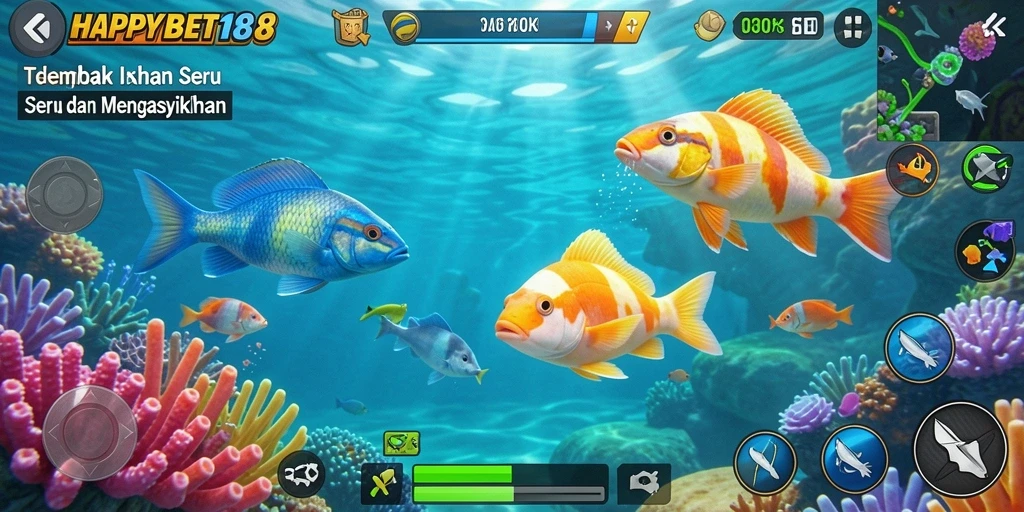 Gameplay seru Tembak Ikan di <strong>HAPPYBET188</strong> yang menampilkan aksi menembak ikan.
