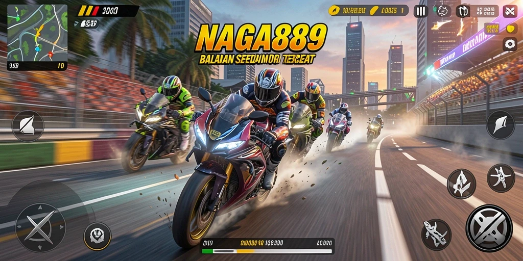 Screenshot gameplay NAGA889 menampilkan balapan sepeda motor yang mendebarkan.