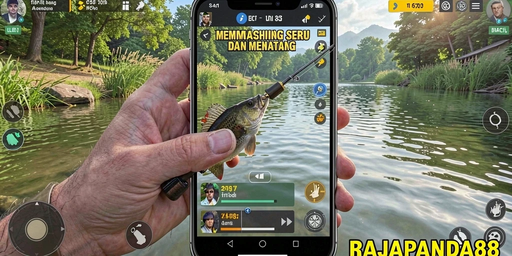 Gameplay seru RAJAPANDA88 saat menangkap ikan di air.