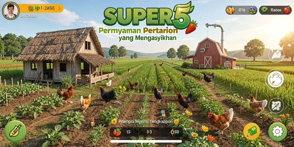 Tampilan gameplay SUPER5 yang menarik dengan aktivitas bertani.