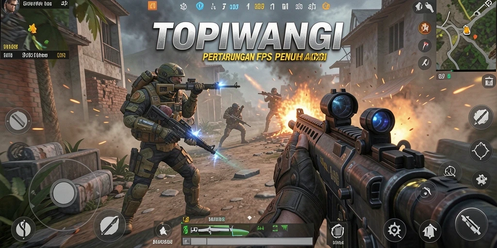 Screenshot dari gameplay intens TOPIWANGI dengan aksi menembak seru.