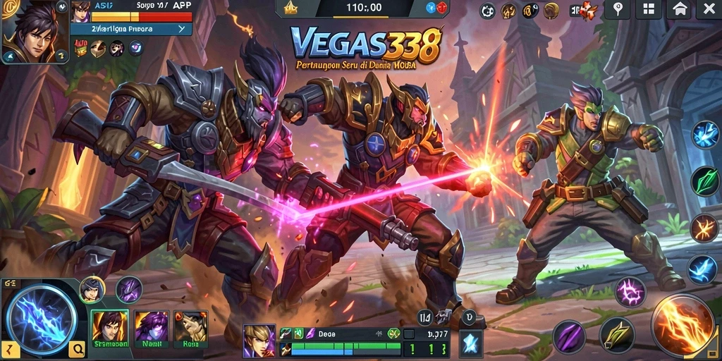 Screenshot pertarungan epik dalam game MOBA VEGAS338.